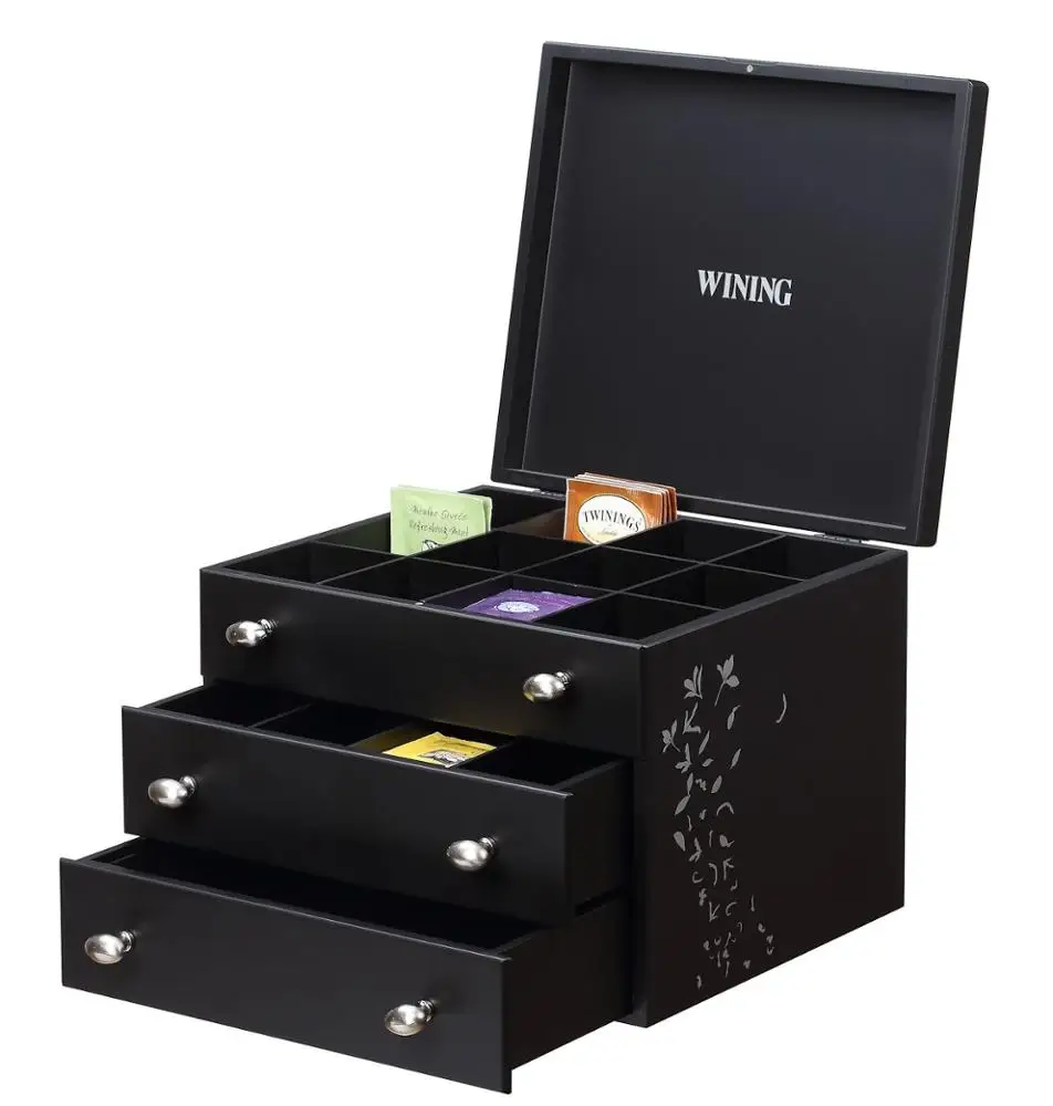 3 Tier Custom Cosmetic,small items ,tea bags Display Cases Storage Wooden Box with removable divider & drawer