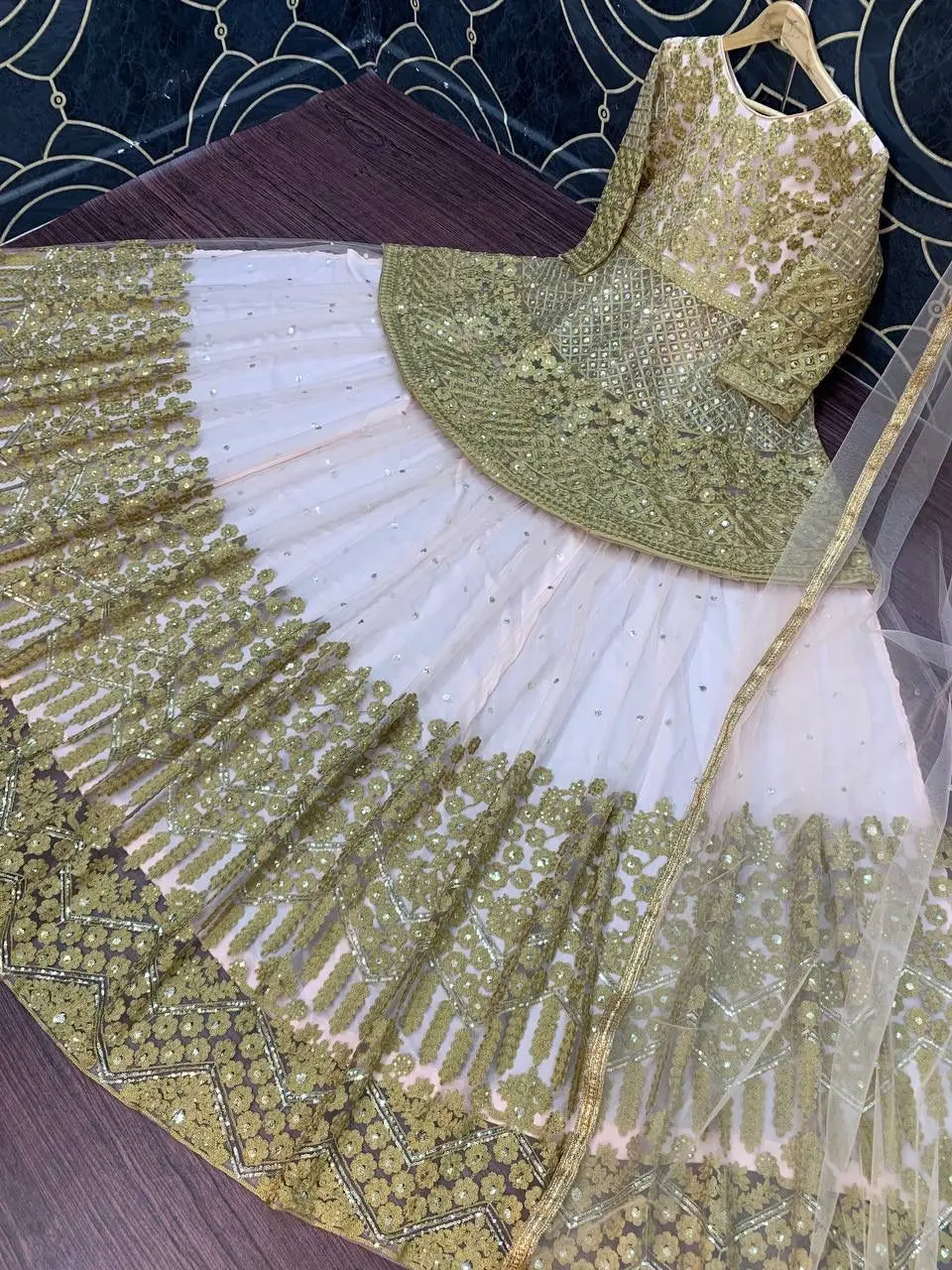 Indian bridal wear embroidery work heavy soft net chine sequence work lehenga with heavy net border dupatta and full choli