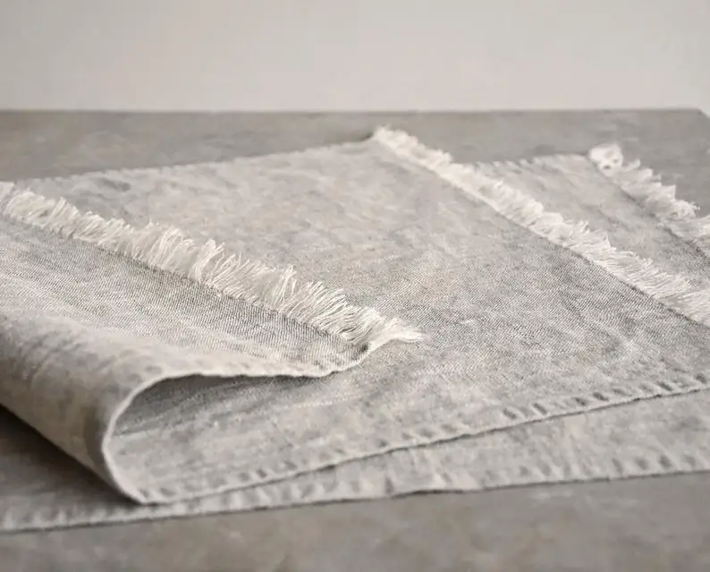 100%Pure Linen Fringes Placemats Natural 14 x 19 Inch  Fabric Handcrafted Machine Washable