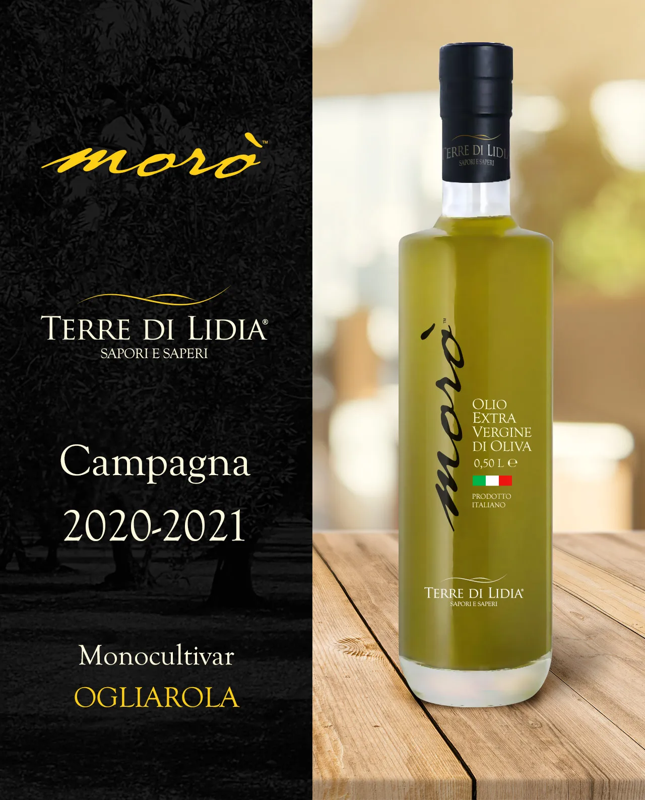 Rich In Oleic Acid and Polyphenol Italian Extra Virgin Olive Oil Moro Terre di Lidia Ogliarola for salads Bottle Glass 0.5L