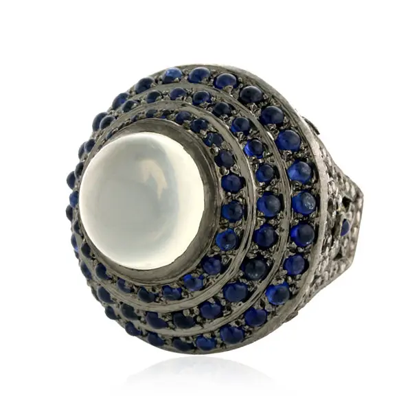 Коктейльное кольцо с голубым сапфиром и бриллиантом из белого агата, серебро 925 пробы с 18-каратным золотом, ювелирные изделия для нее