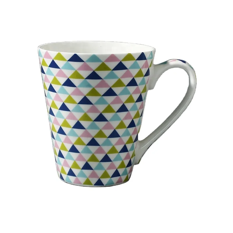 Popular V shape dishwasher safe 320ml plain white ceramic coffee mugs with custom printed