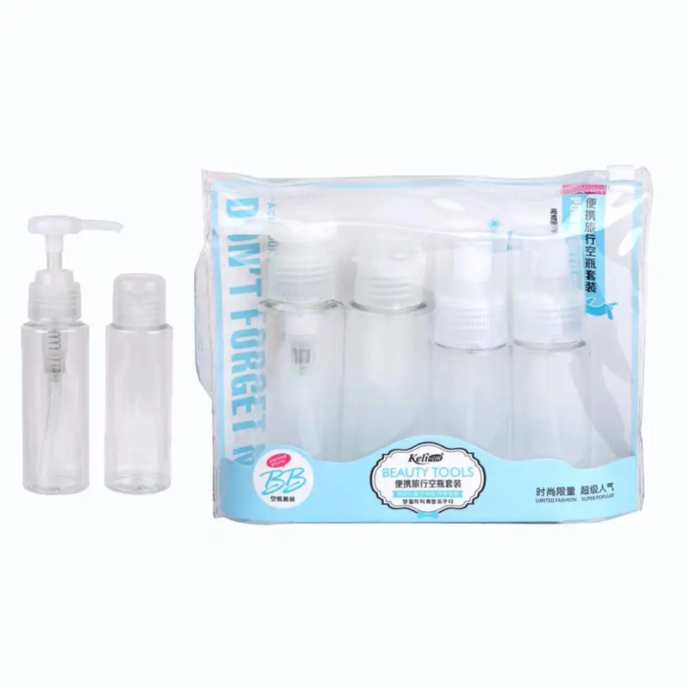 makeup travel cosmetic plastic pet bottle 4pcs in one travel shampoo bottle set and bule and pink spray bottle set