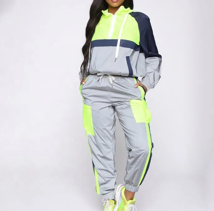 Women autumn casual ladies jogger set neon green Two Piece Set Windbreaker Tracksuit girls