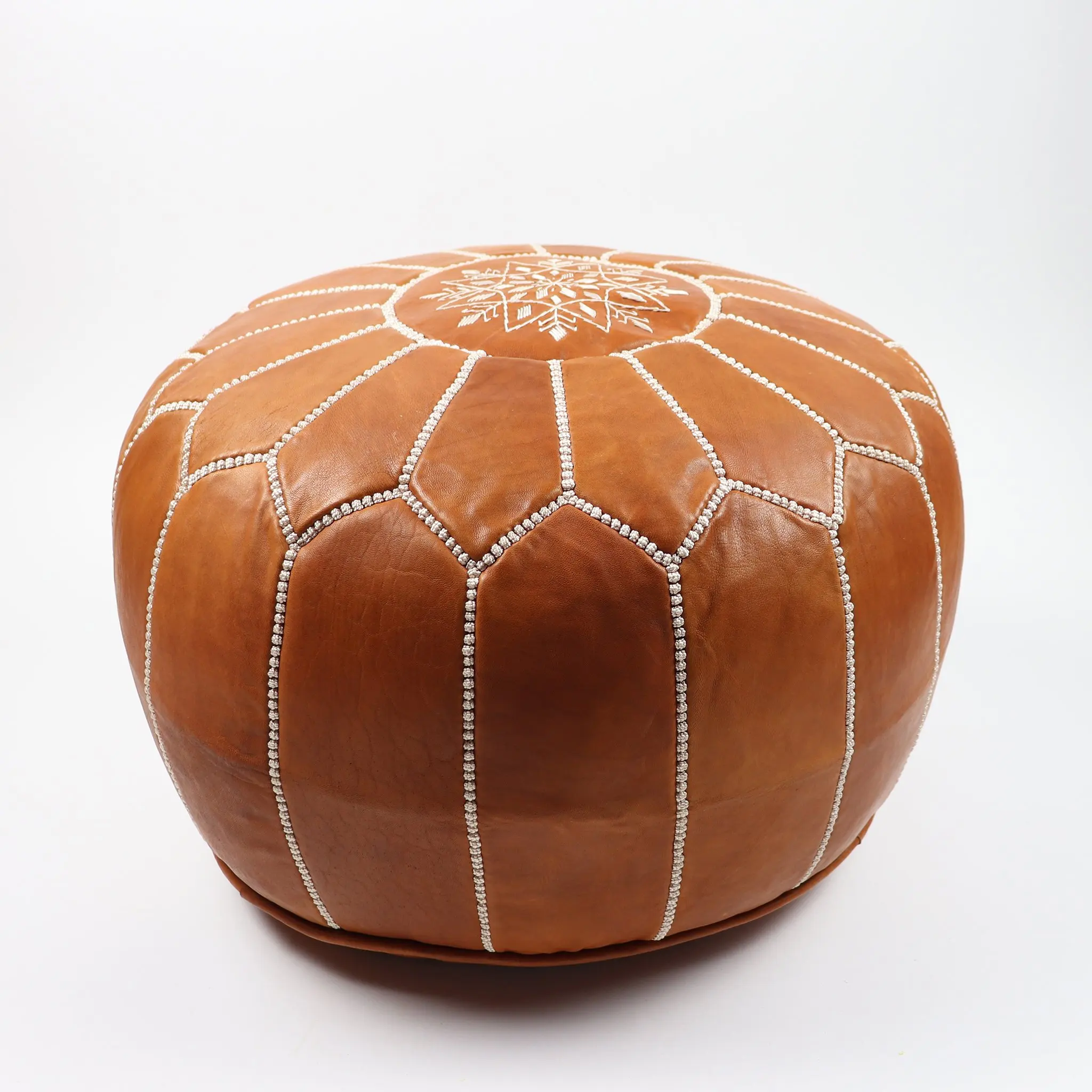 Moroccan handmade Leather Pouf Cognac color