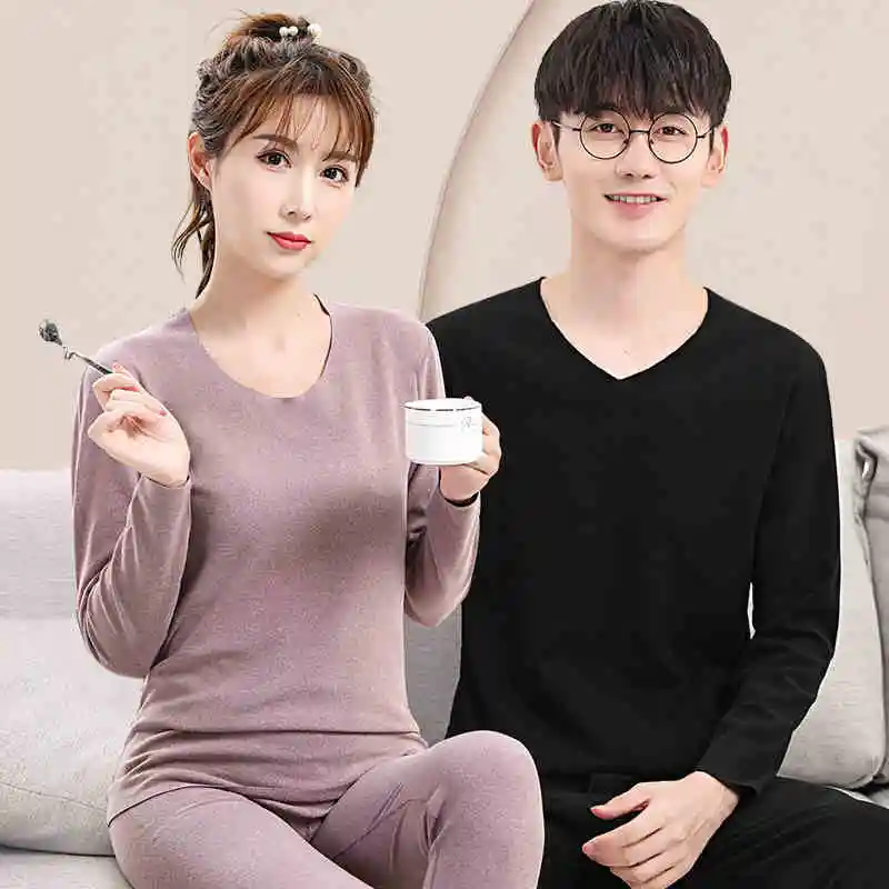  Women Thermal Flexible Cozy Round Neck Double-face Fleece Underwear Set Loungewear With Long Sleeve Shirt and Pants