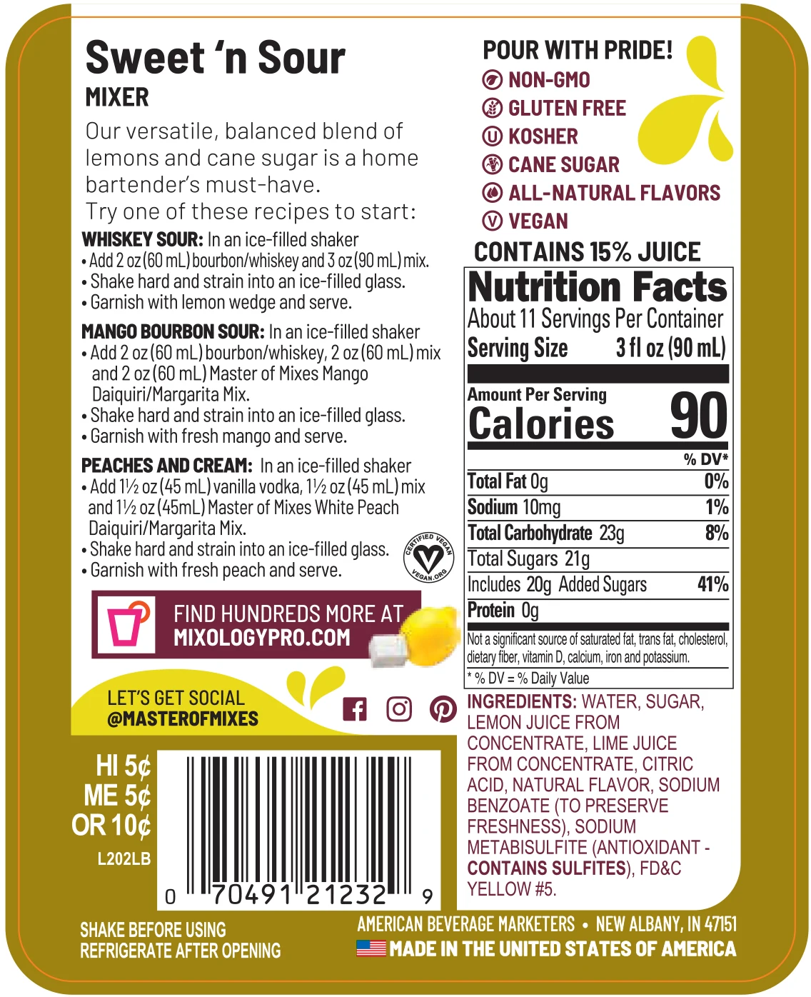 
Master of Mixes Sweet N Sour - 1 Liter Ready-To-Use Non-Alcoholic Cocktail Mix 