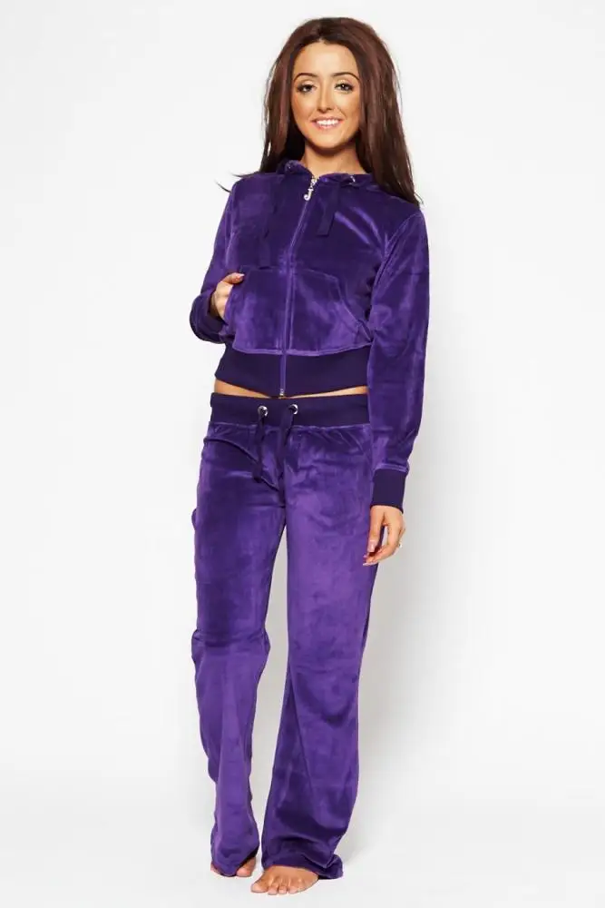 Velour Shiny Sexy Suit Fitness Ladies Women Sport Wear Tracksuit Set