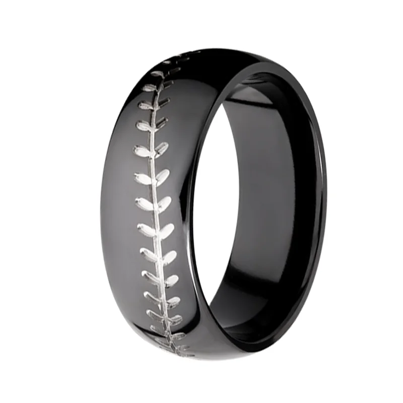 wholesale 8mm high polished domed black titanium stainless steel ring baseball wedding band sports ring for men comfort fit