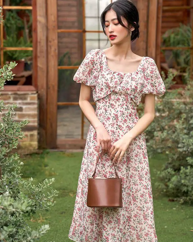 New Arrivals Spring Dresses Women Chiffon Puff Sleeves Midi Dress Casual Dress All Over Printing Made in Vietnam