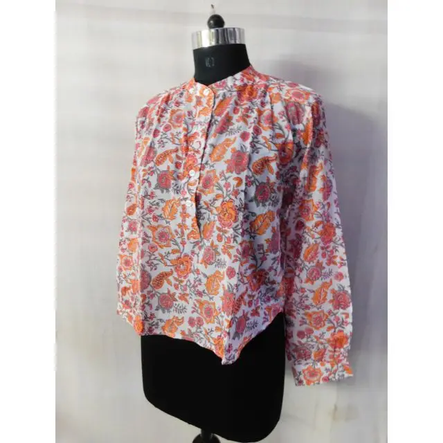 floral hand block printed stylish bohemian hippie design indian handmade women short women shirts long sleeves party wear blouse