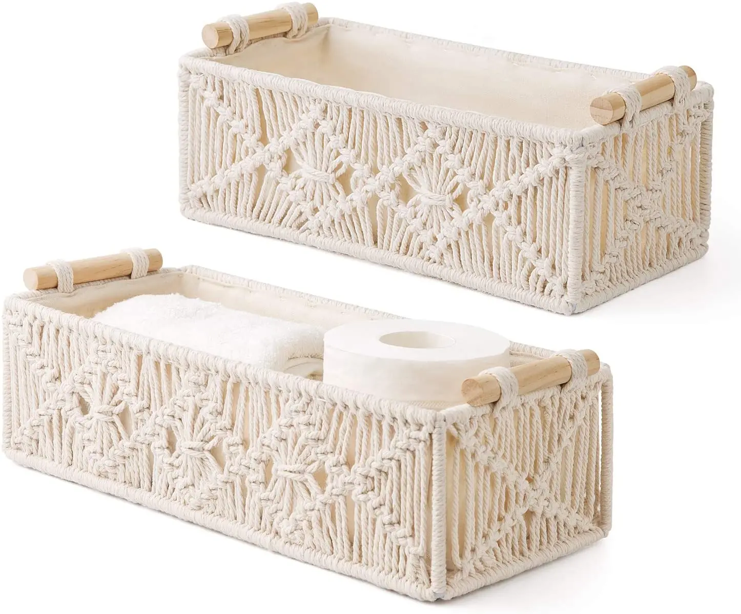 Macrame Storage Basket with Wooden Handles Boho Bathroom Nursery Bedroom Living room Decor