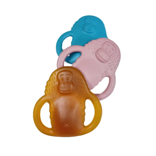 Private Label BPA Free Natural Rubber Baby Teether Pink Chew Toy Help Relieve Teething Pain In Monkey Animal Pattern