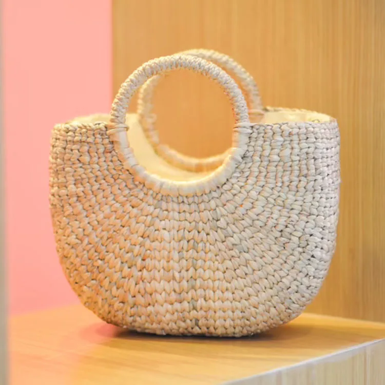 Women Round Handle Ring Retro Summer Beach Straw Bag, Hand-woven Straw Bag in Vietnam Wholesale