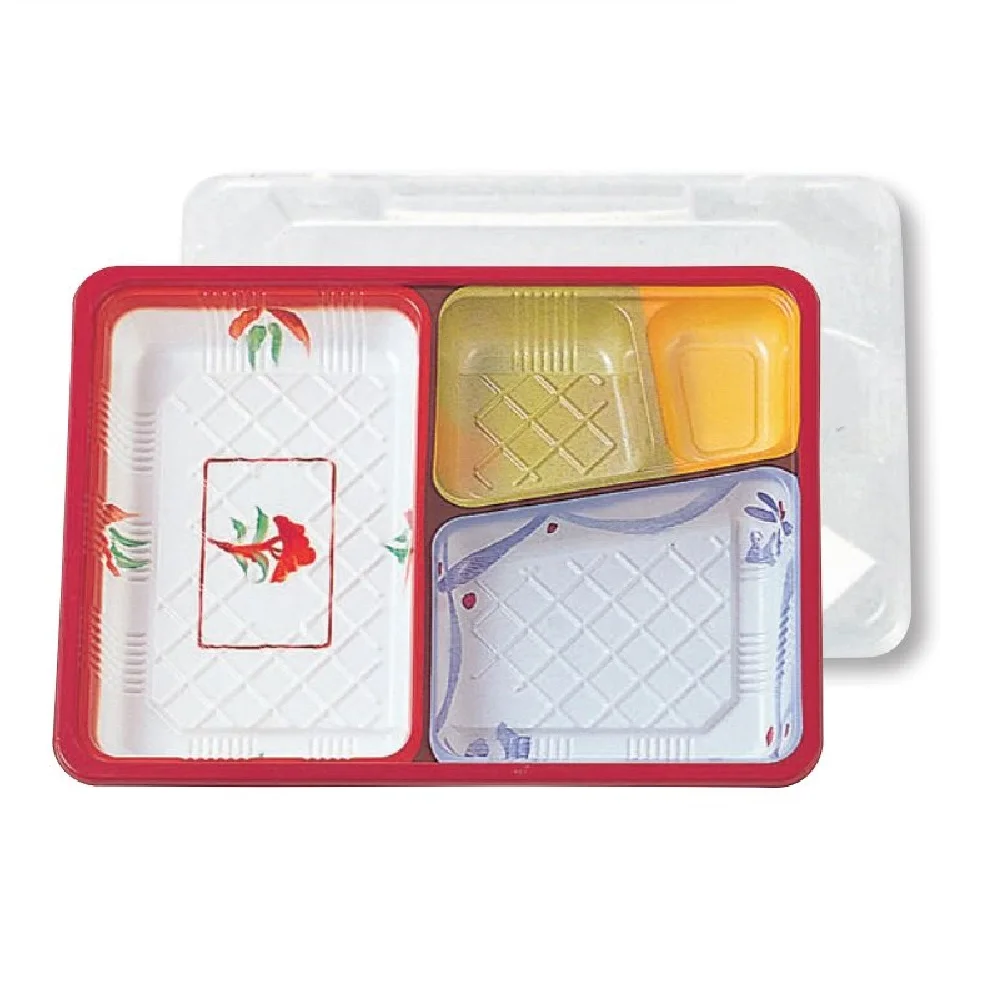 Gorgeous Japanese rectangle take away lunchbox 4 compartments Japan made microwavable plastic blister with clear lid