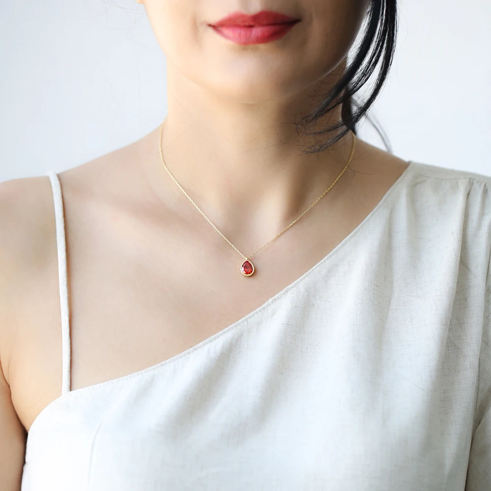 Garnet Crystal Drop Shape Stone Minimalist Wholesale Handmade 925 Silver Sterling Necklace