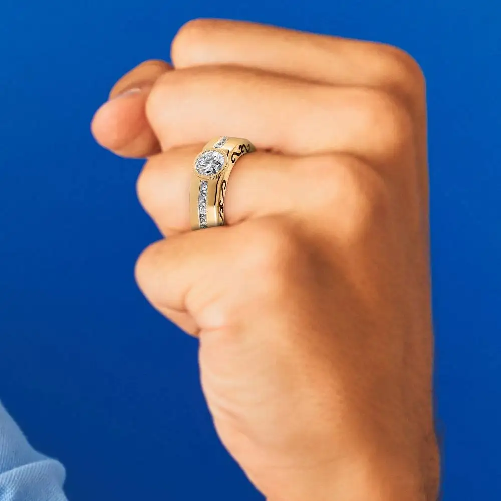 Ritzin Custom Ring Holiday Special Design Ring For Men 14k Solid Yellow Gold 7.5mm Round Brilliant Cut Moissanite Diamond Ring