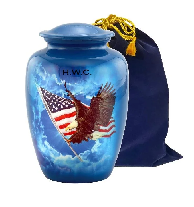 USA Flag and Falcon Themed American Style High Glossy Adult Ashes Funeral Memorial Cremation Urn For Human Ashes Wholesaler.