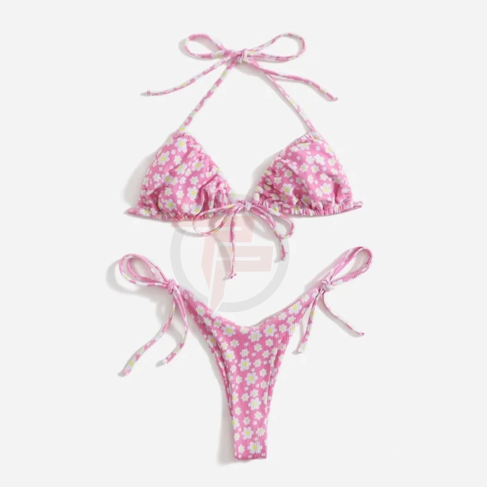 Ditsy Floral Halter Tie Side Bikini Swimsuit / Cute Pink Ditsy Floral Tie Side Thong Removable Padding Bikini Swimsuit For Women