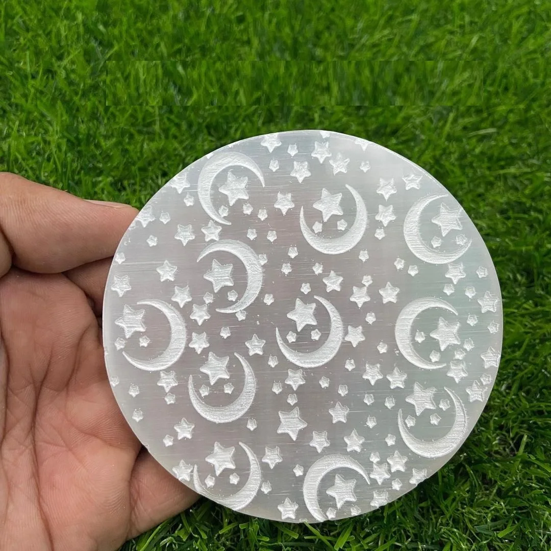 Natural Crystal selenite charging plate with moon symbol:moon symbol engraved plate:selenite:selenite slabs moon:crystal healing