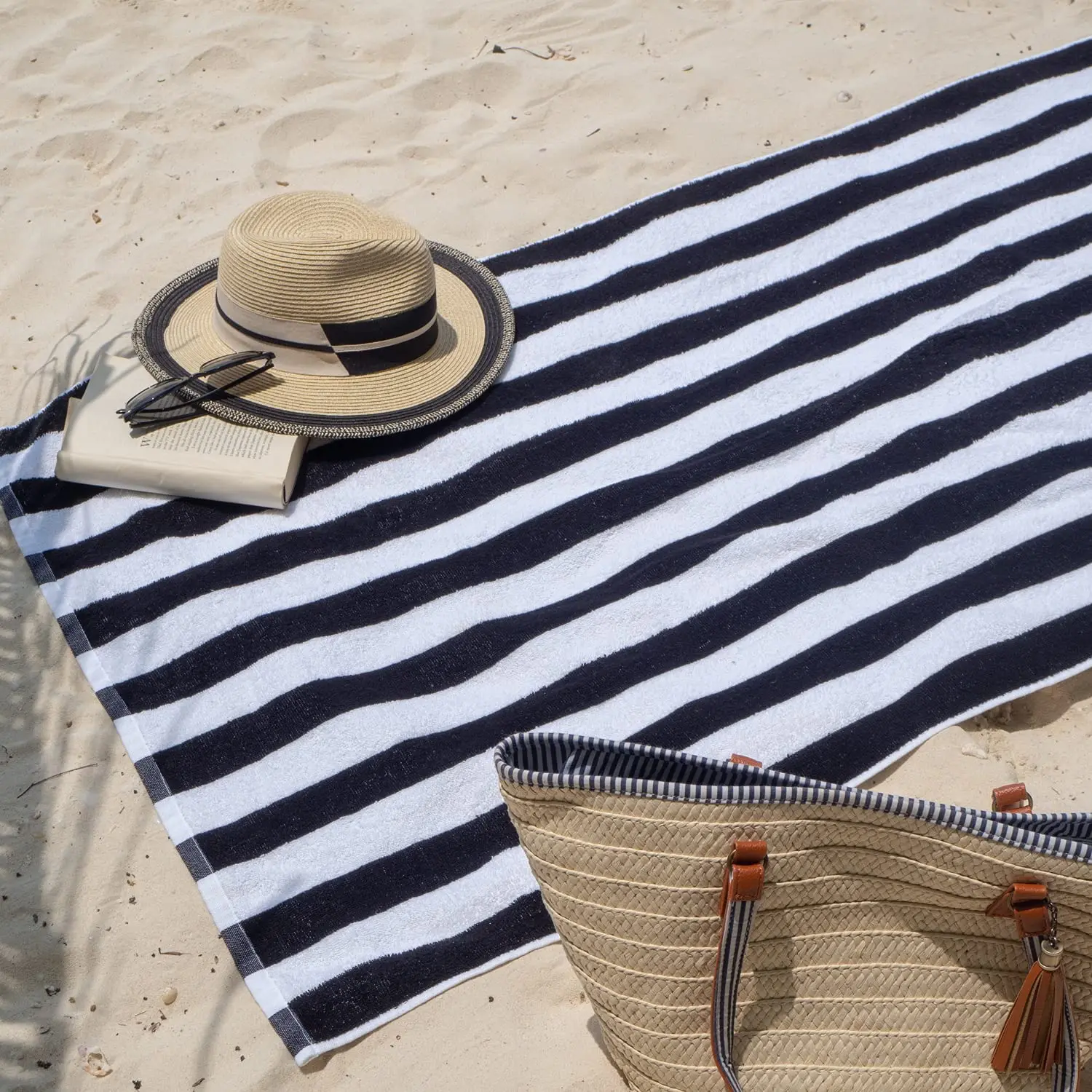 Oversized Black Cabana Stripe Beach Towel Highly Absorbent Soft Cotton Pool Towel for Kids Light Weight Plush Design