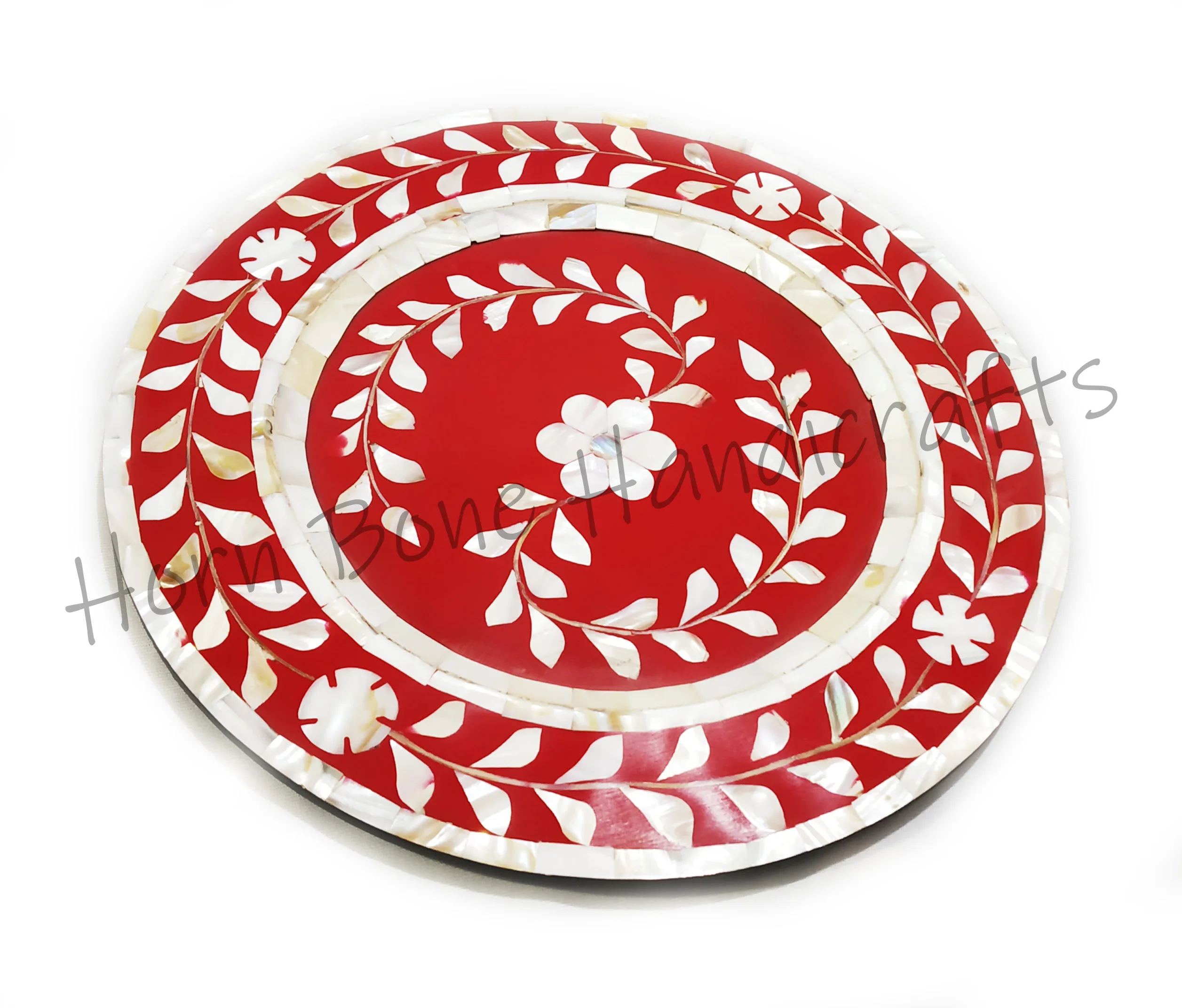 Natural Pearl Inlay Charger Plate in Red Color Bone Inlay Floral Design Round Plates Mother of Pearl Dessert Serving Saucer