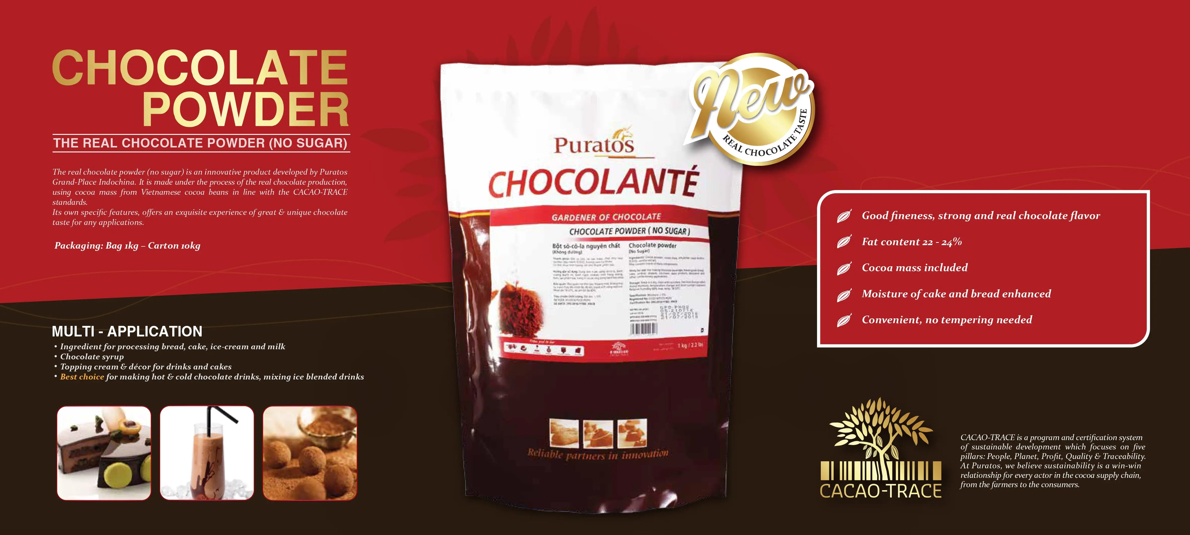 Premium Quality Real Chocolate Powder No Sugar Chocolate Instant Powder Drinks from Puratos Grand-Place Vietnam Best Supplier