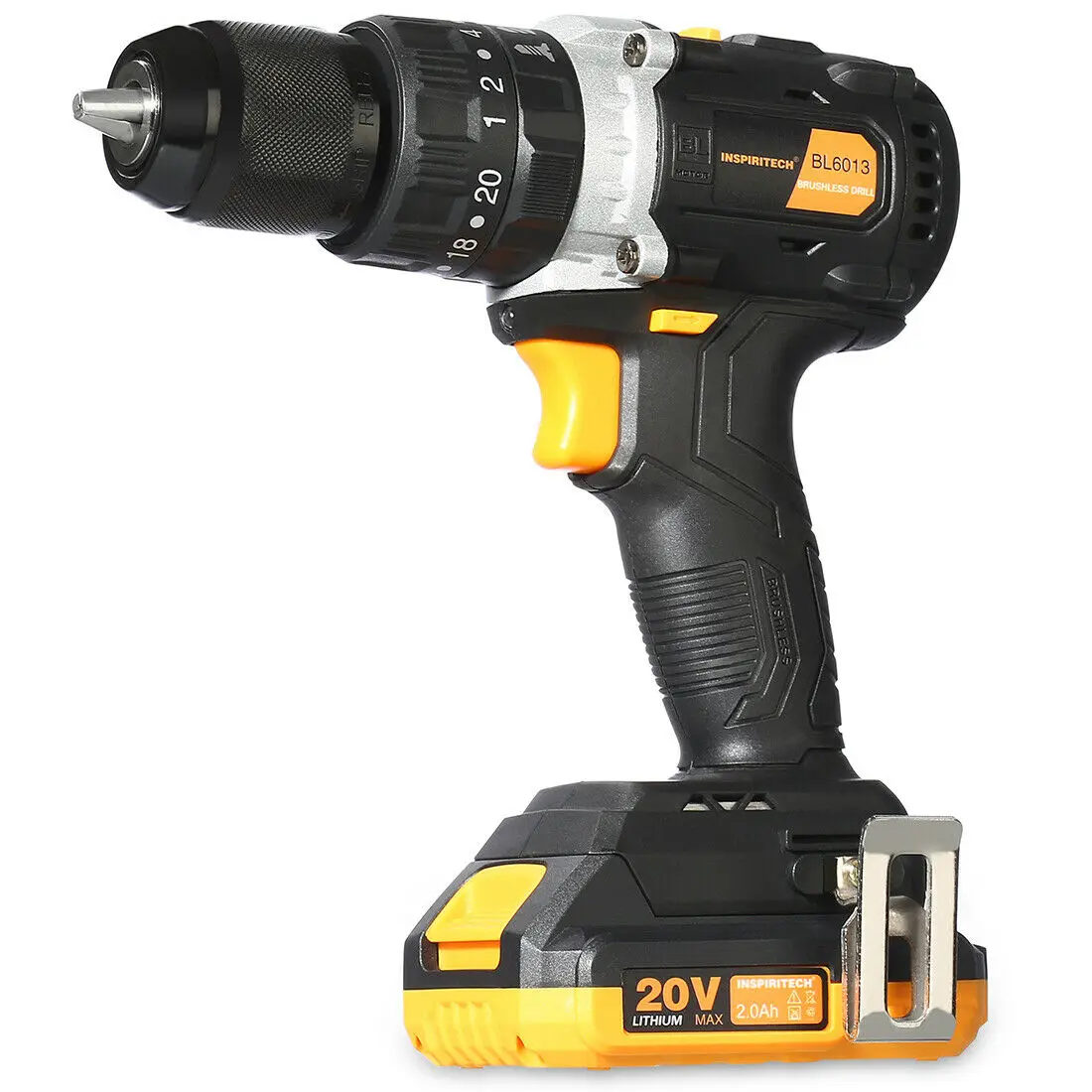 
20Volt Brushless Motor Hammer Cordless Drill/Driver with Bits Set & 2 Batteries 