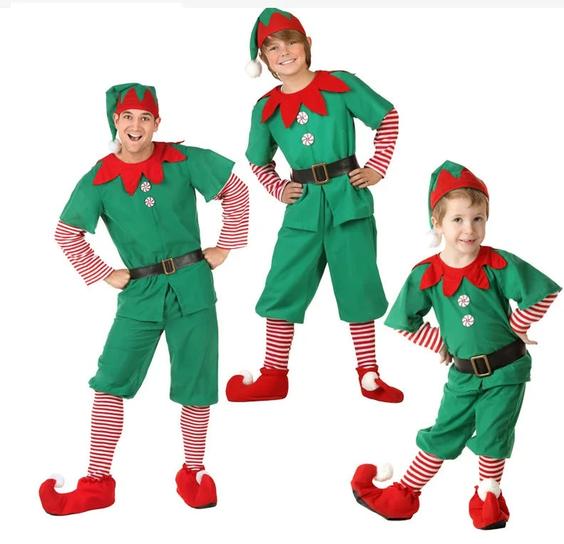 Amazon Hot Sale halloween Green Christmas Elf Costume for Children and Adults  kids women men cosplay clothes