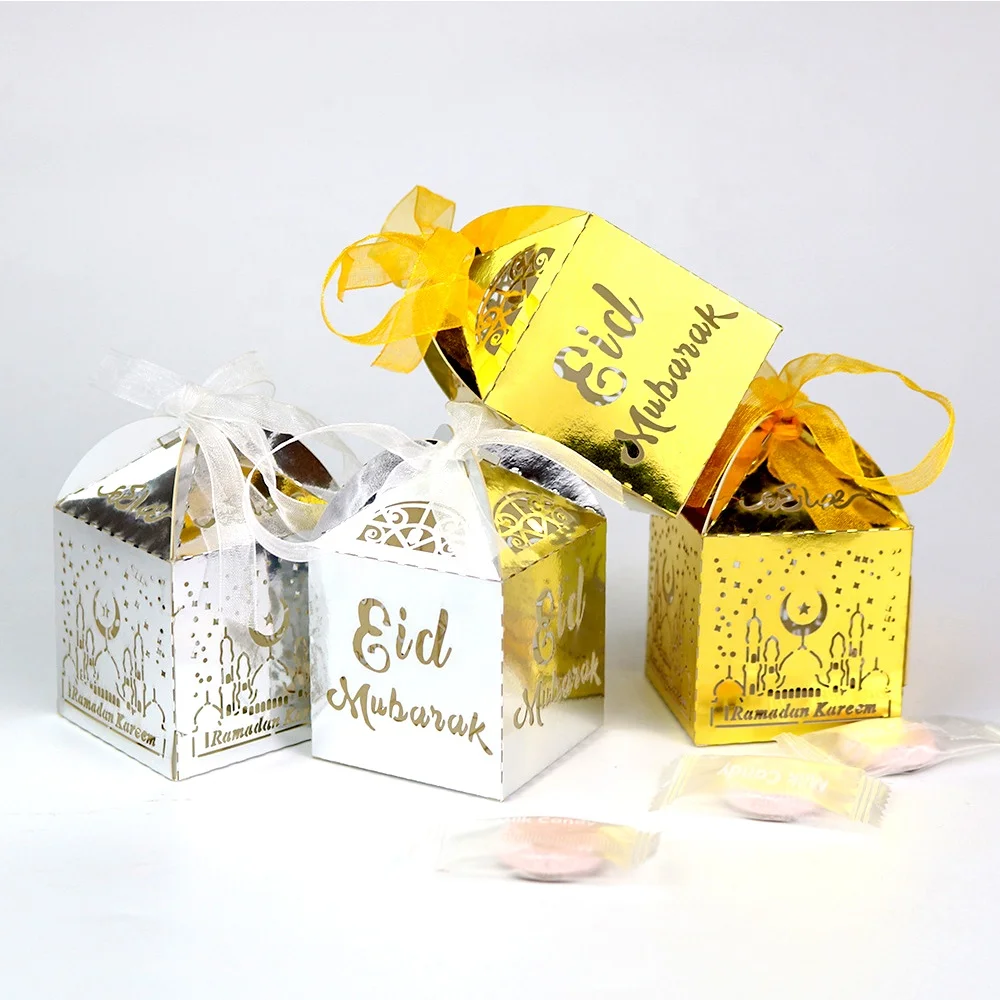Muslim Paper Ribbon Eid Mubarak Candy Box Chocolate Sweet Packaging Box for Happy Ramadan Party Decoration Candy Boxes