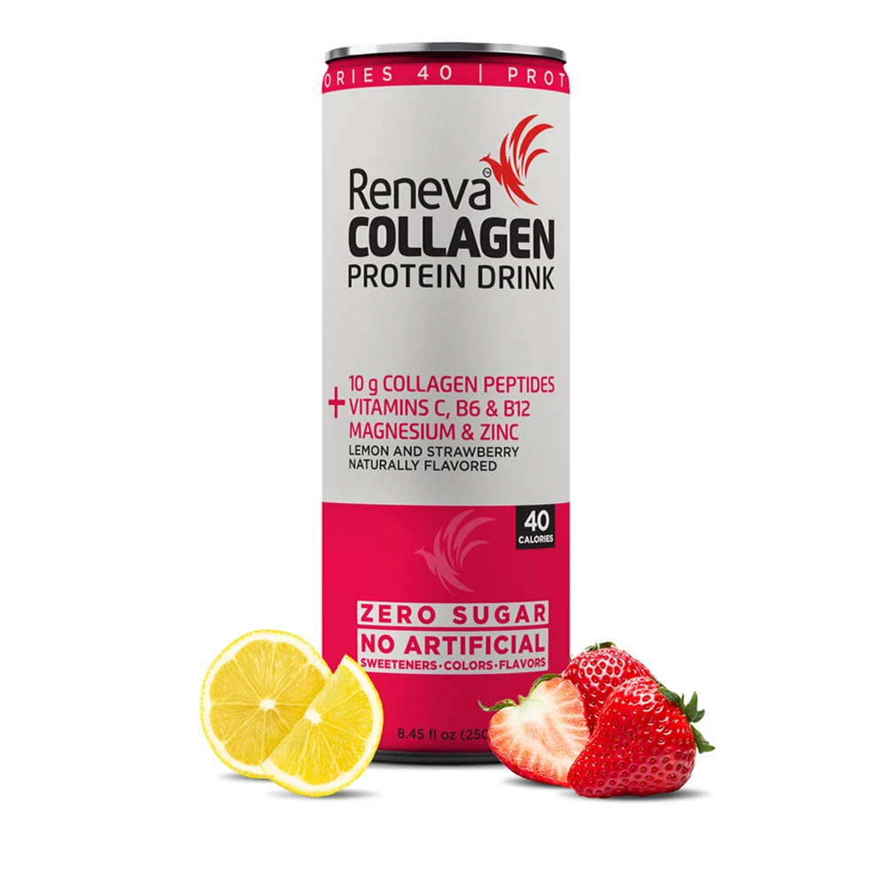 Reneva Collagen Protein Drink 10g Collagen Protein Shake Electrolytes Vitamin C Strawberry Lemon with B12 B6 Zero Sugar