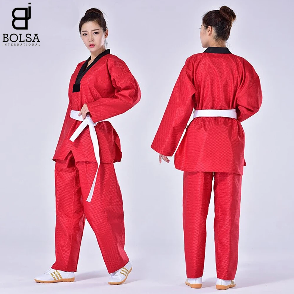 
Red Taekwondo Uniform Blue TKD Suit Adult Karate Judo Training Competition Clothes Black Belt Pants White Coat Beginner 