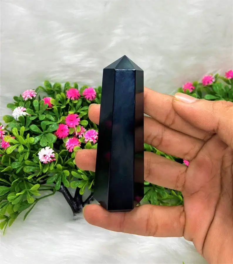 Natural Black Obsidian Point, Obsidian Tower, Black Obsidian Wand Black Obsidian Point 6 Faceted Crystal Stone Point