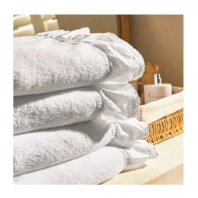 Very Allegiant Style Plain White Ruffled Towels With Embroidered Lace Border
