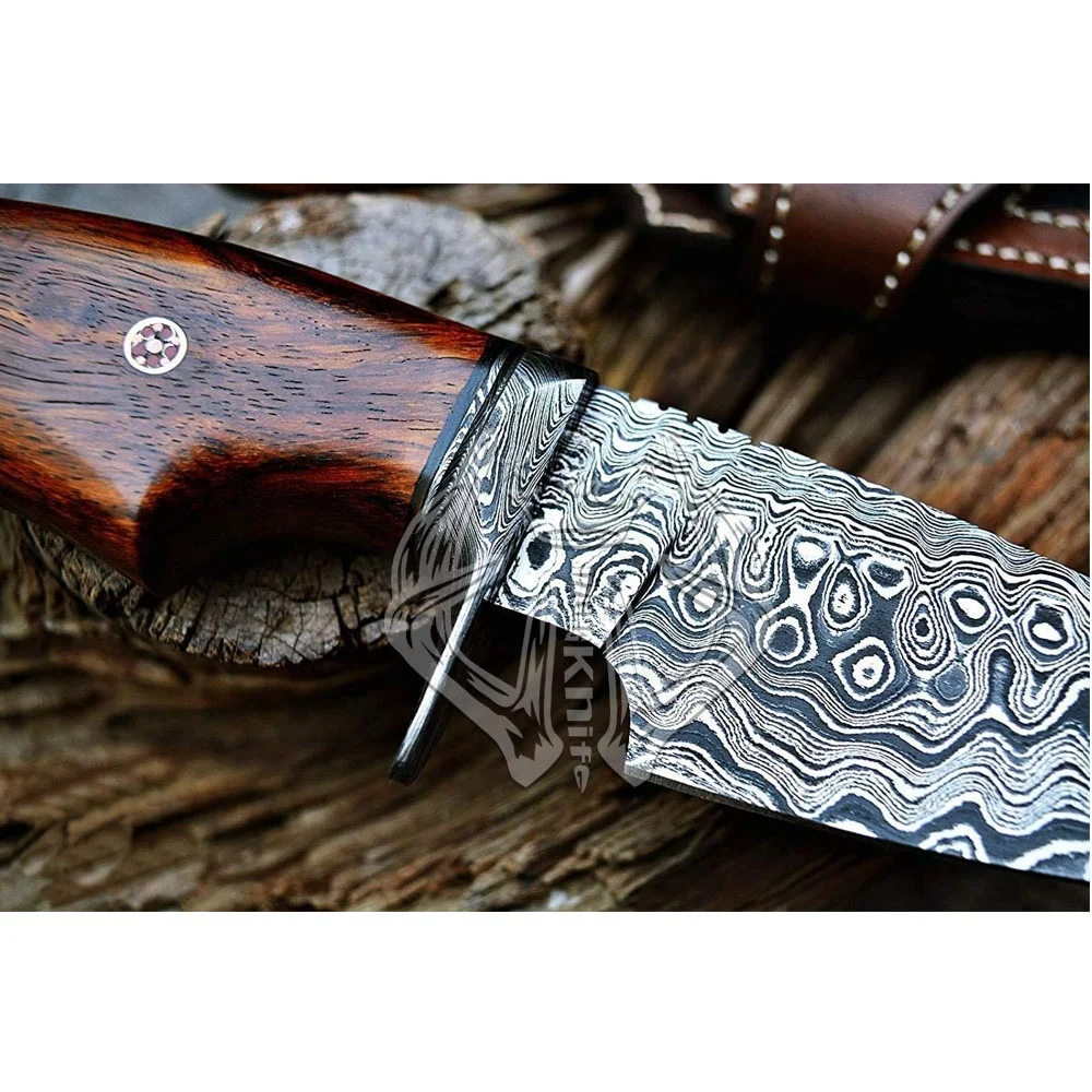 Beautiful Custom Handmade Damascus Steel Fixed Sharp Blade Hunting Bowie Camping Knife Gift For Him Handle Natural Rose Wood
