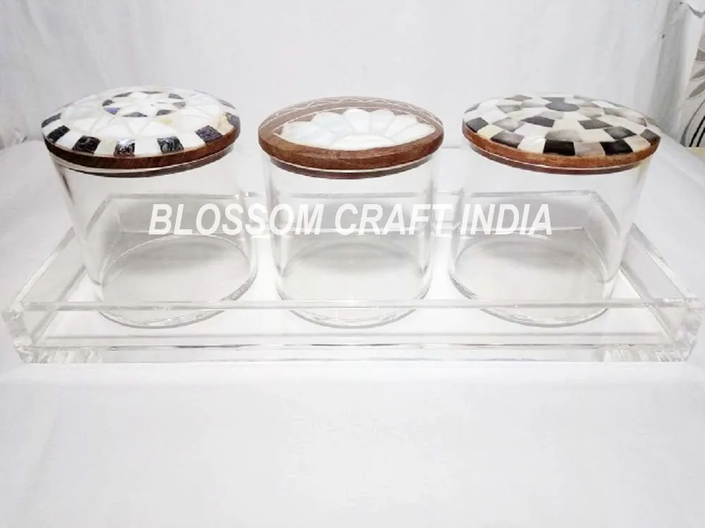 Luxurious Acrylic Jar with Mother of Pearl inlay Bone inlay Wooden Lid Multipurpose Container Boxes