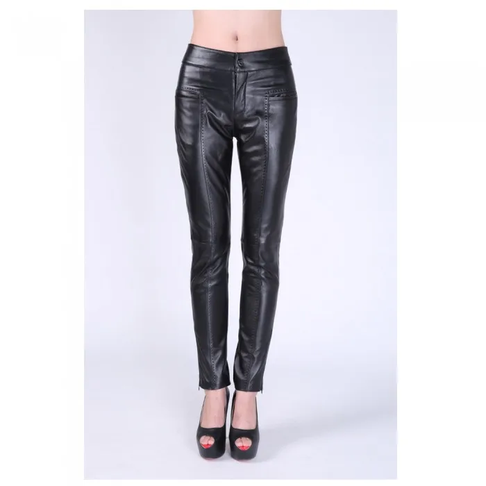 Women Mid Waist Fashion Pant Genuine Leather Sheepskin Pencil Pant