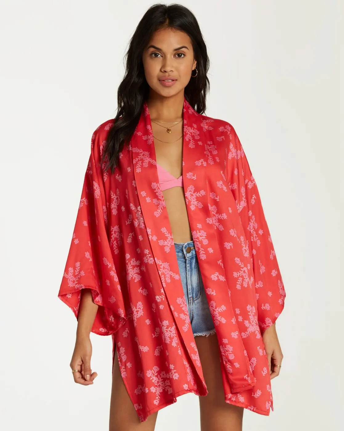 
MGOO Floral Allover Print Shape Sleeve Robe Rollover Collar Band Rayon Silk Woven Kimono Womens 