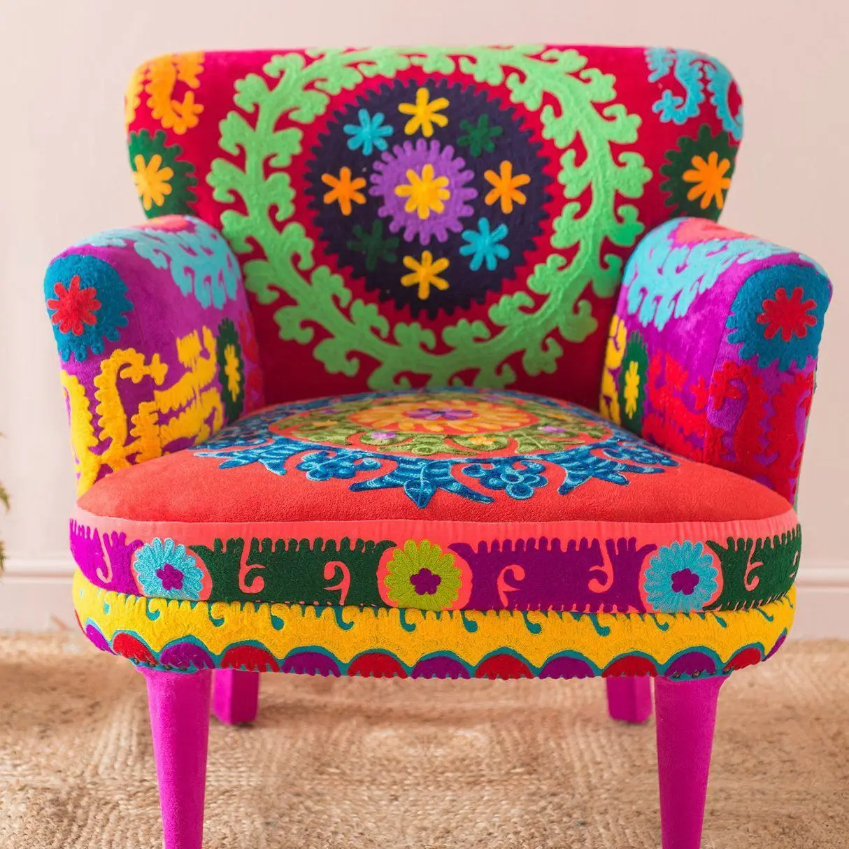 Fair Trade Summer Collection 2023 Modern Cotton Upholstered Armchair Living Room Single Sofa Chair Suzani Embroidered Armchair