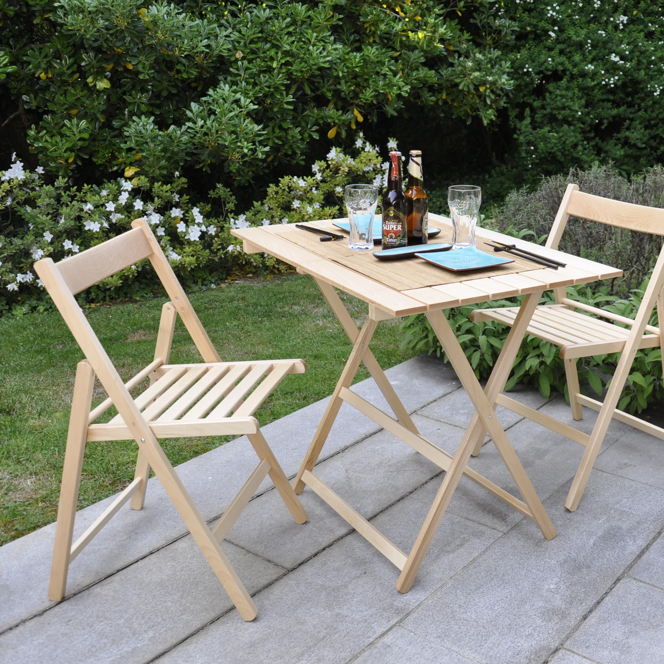 Folding Set table cm 60x80 and 4 chairs in solid beech wood natural color Top Italian quality for indoor and garden and patiouse