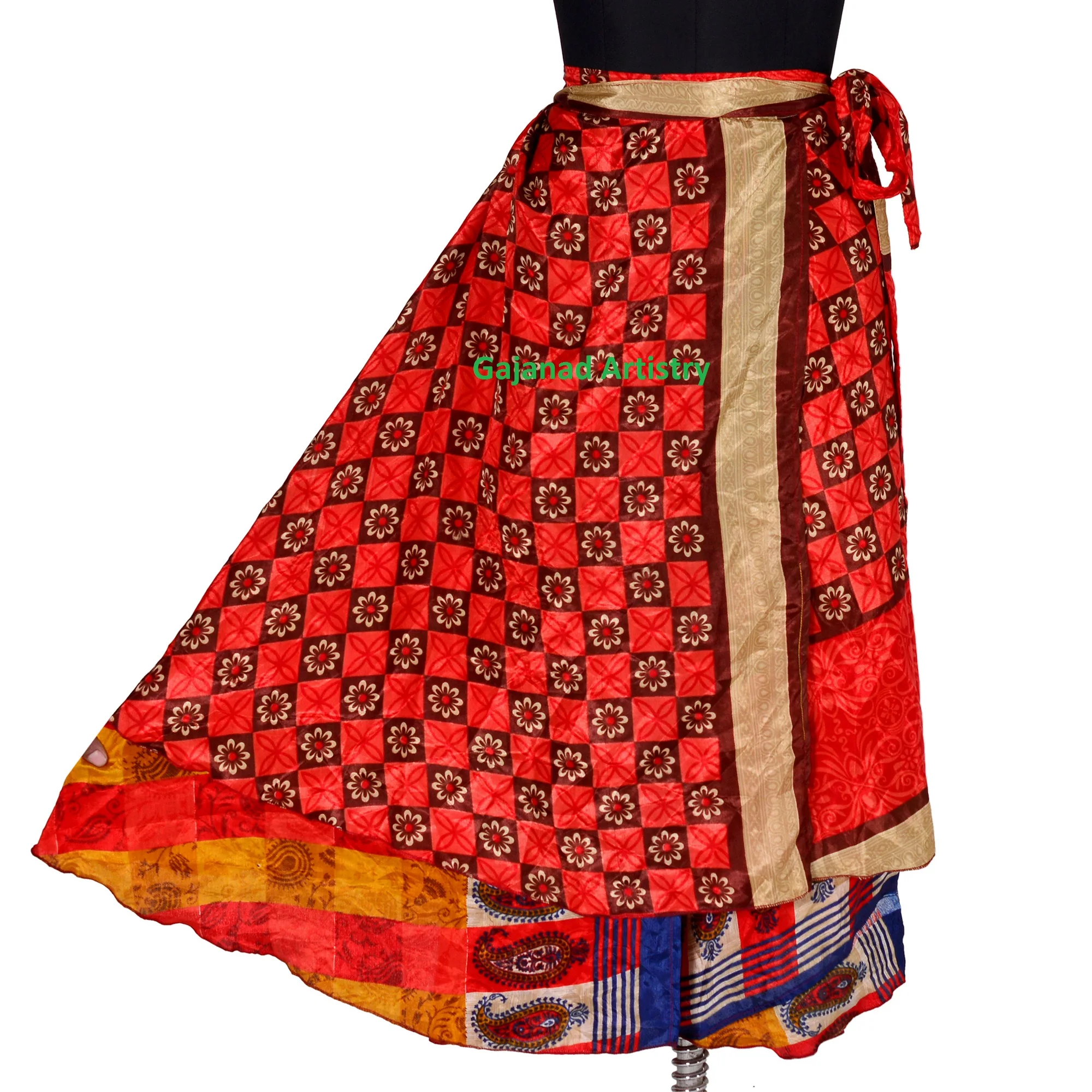 Vintage Silk Long Sari Recycled Magic Wrap Around Skirt Reversible Women Dress