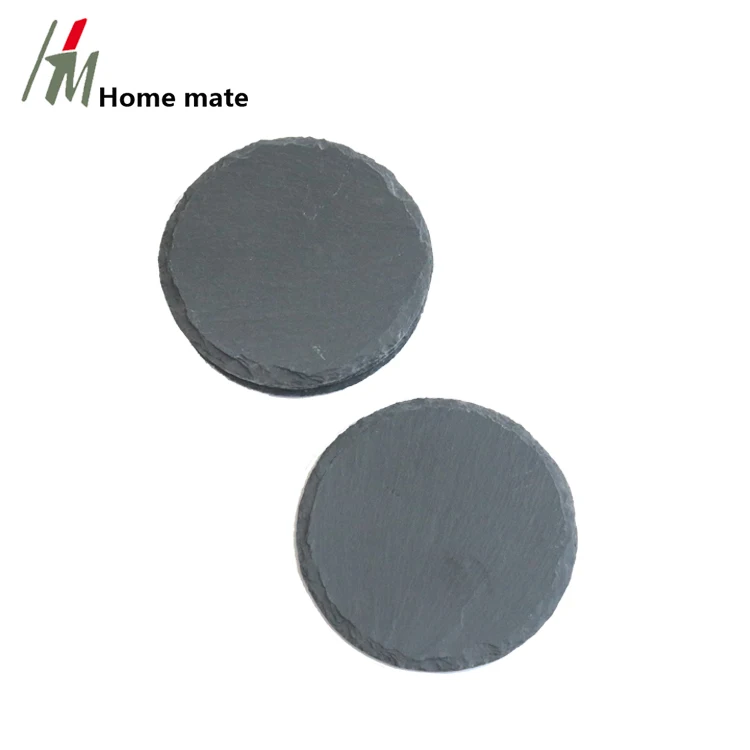 Set of 5 Round Black Natural Rough Edge Slate Stone Drink Coasters for Bar and Home