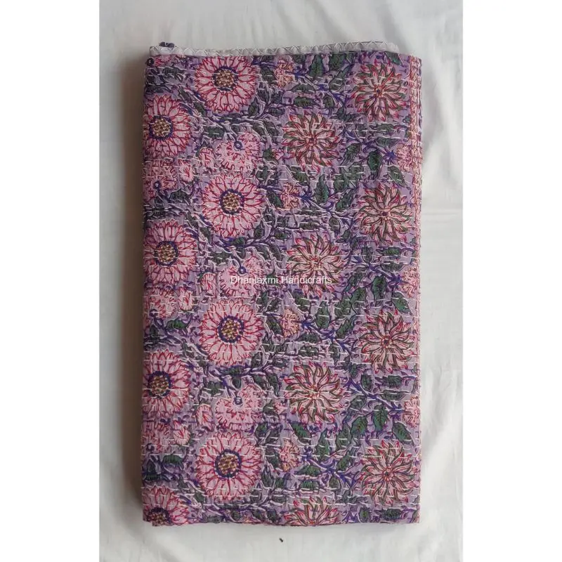 Индийское Хлопковое одеяло kantha с цветочным принтом ручной работы оптовая продажа светло-зеленое покрывало