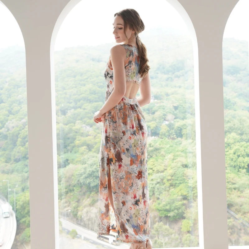 Ladies Autumn Beach Long Dress Sexy Side Split V Neck Printed Dress Party Cocktail Dress