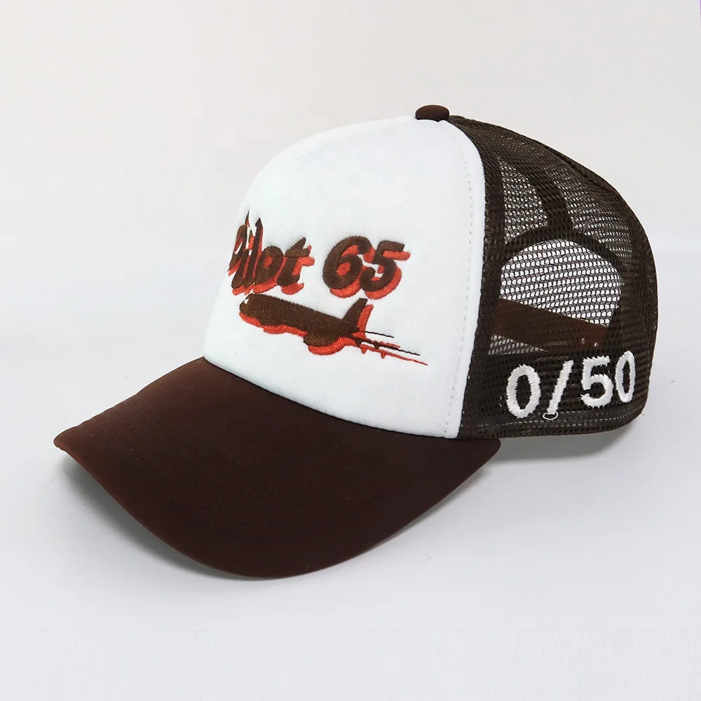 OEM Popular Best Selling Custom 5 panel Foam Navy Brown and White Sport Trucker Mesh Hat Flat Embroidery Cap With Sweatband Logo