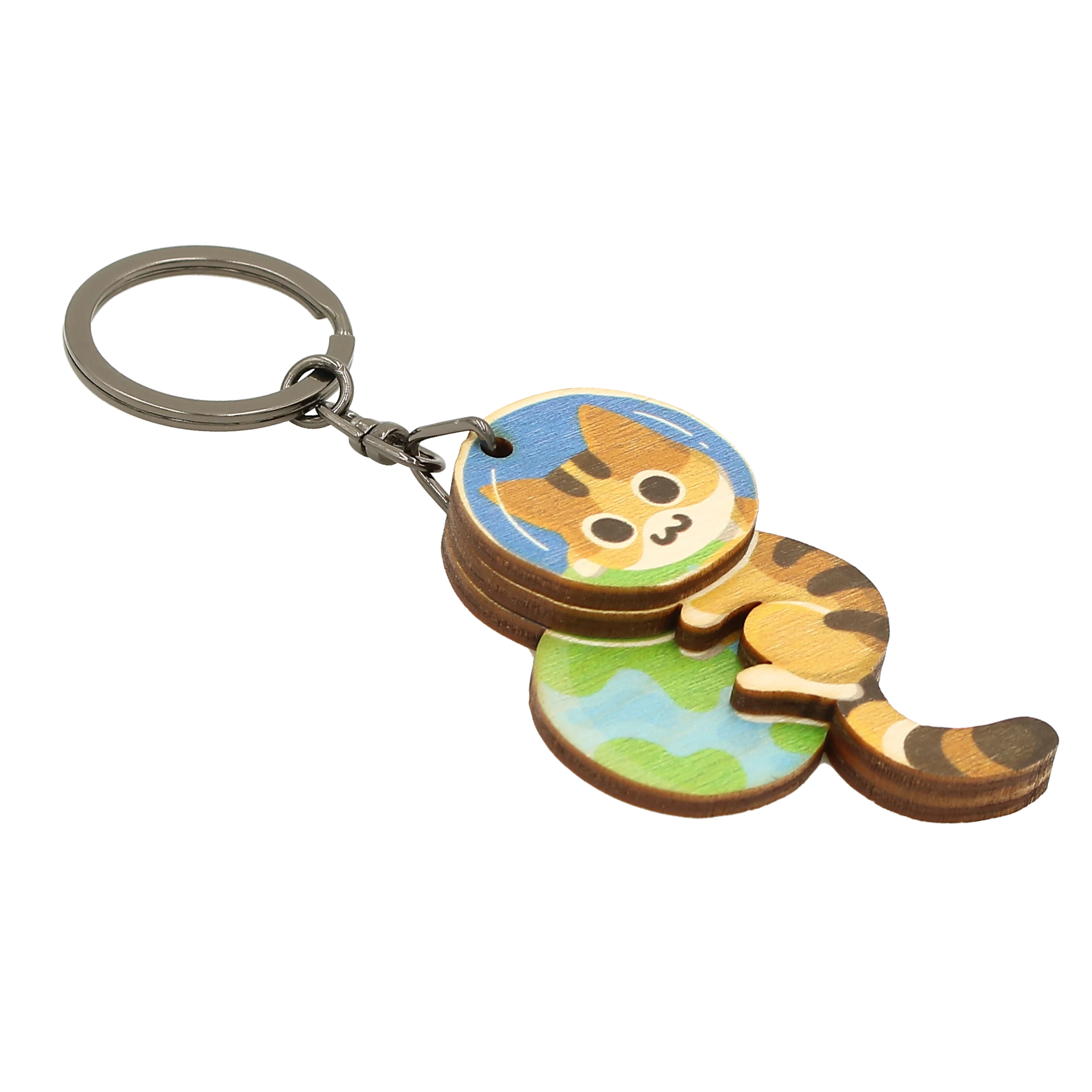Kitten Cat Astronaut Space Wood Keychain Wooden Souvenir