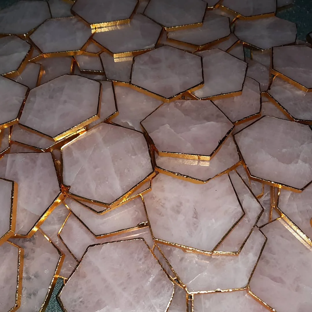 Best Selling Crysal Wholesale Natural Rose Quartz Hexagon coaster for Healing Meditation Metaphysical Homedecor Gemstone coaster