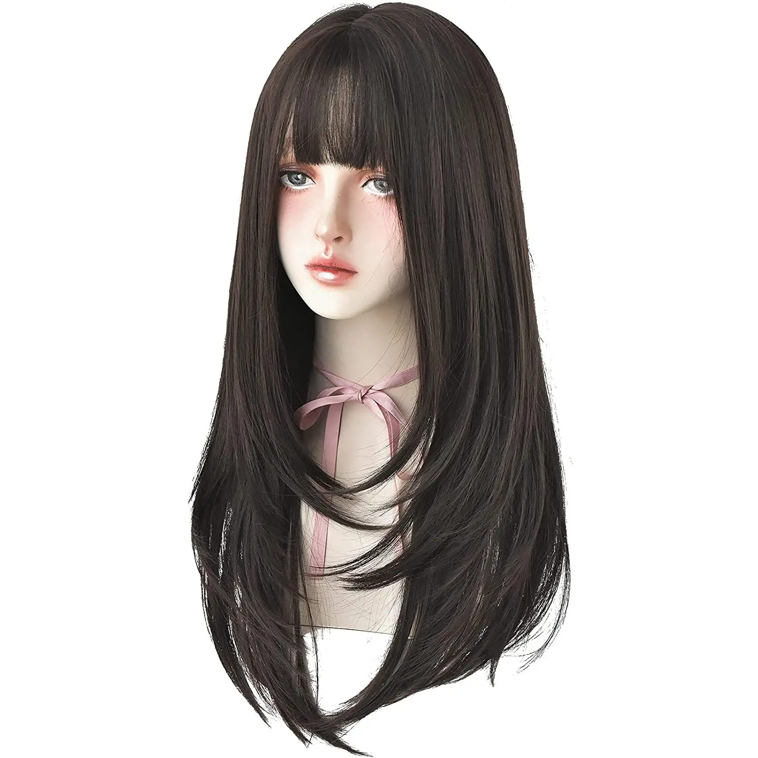 Groothandel Zwarte Lange Steil Haar Pruik Natuurlijke Goedkope Prijs Met Pony