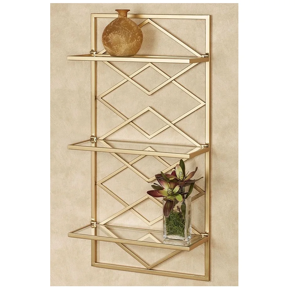 New Design Vertical Golden Wall Shelf 3 Tiers With Glass Shelf Iron Living Room Storage Home Decor At Wholesale Price From India