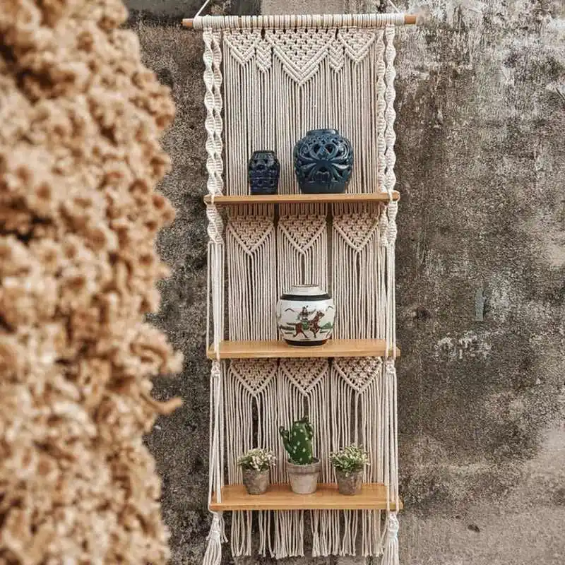 Bohemian Style Hand-Woven Macrame Wall Hanging Floating Shelf for Living Room Decorations Wall Decor